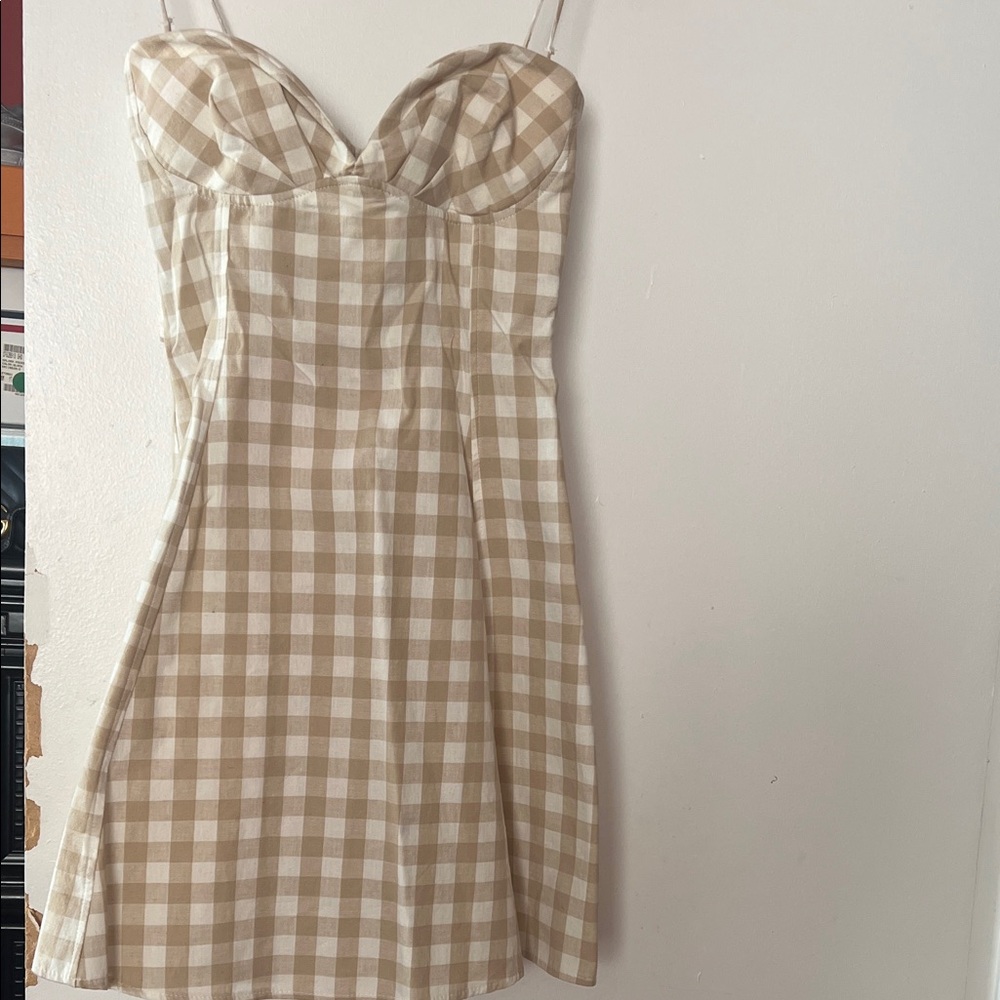Zara Strapless Checkered Beige and White Dress